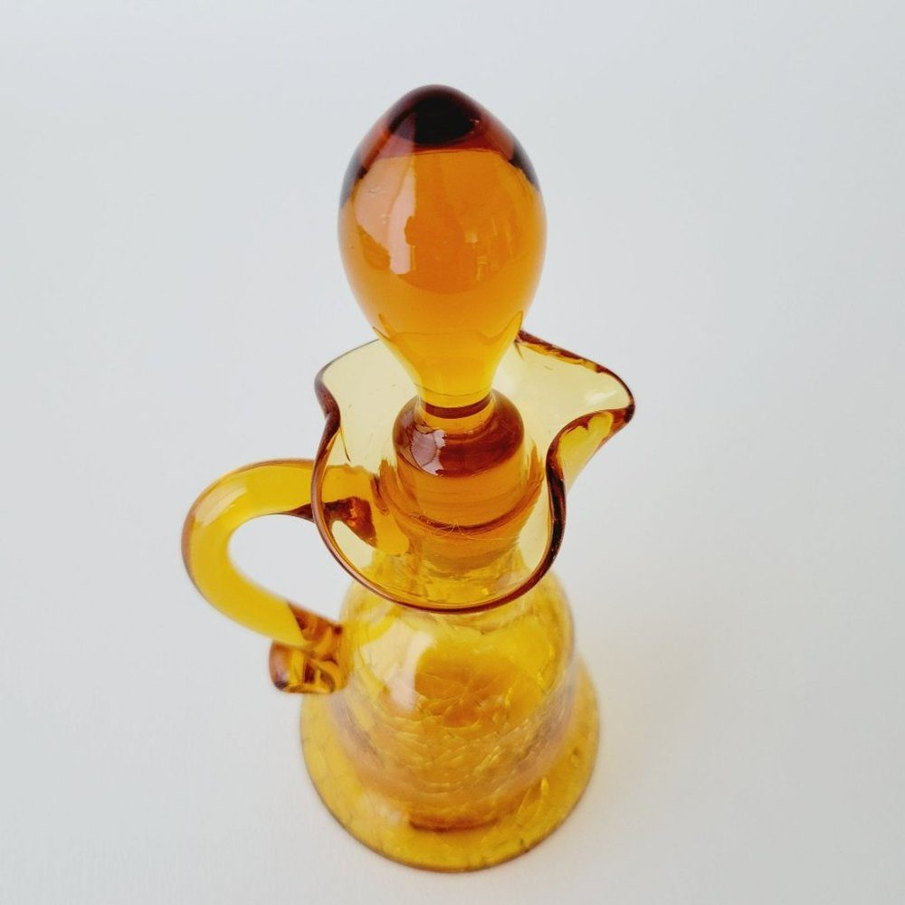 Hand Blown Amber Crackle Glass Cruet by Rainbow, Vintage Yellow Vinegar Bottle - Picture 4 of 14